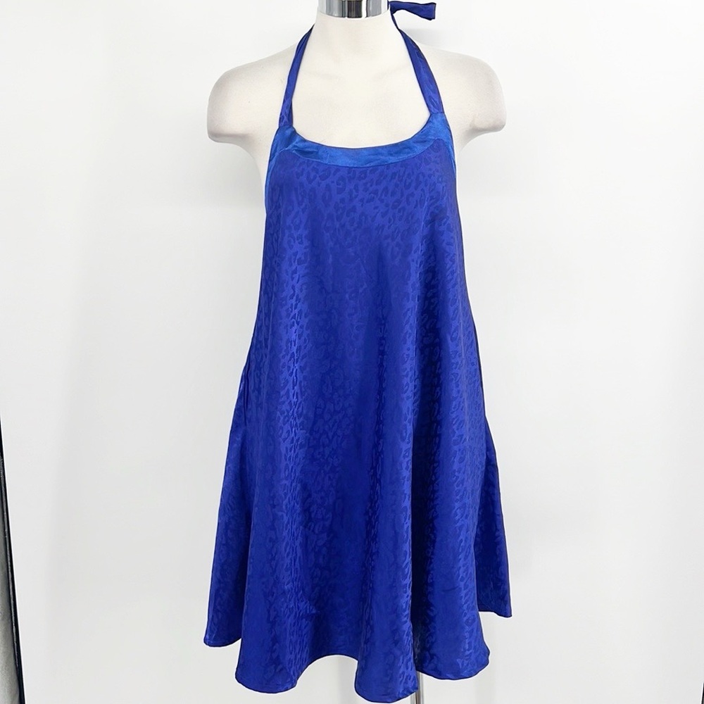 Tulle Anthropologie Blue Satin Leopard Jacquard Halter Tank Mini Dress small
